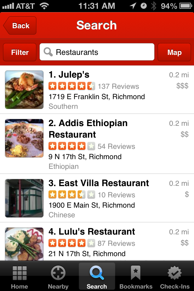 Yelp's iPhone app showing restaurants near the Hodges office.