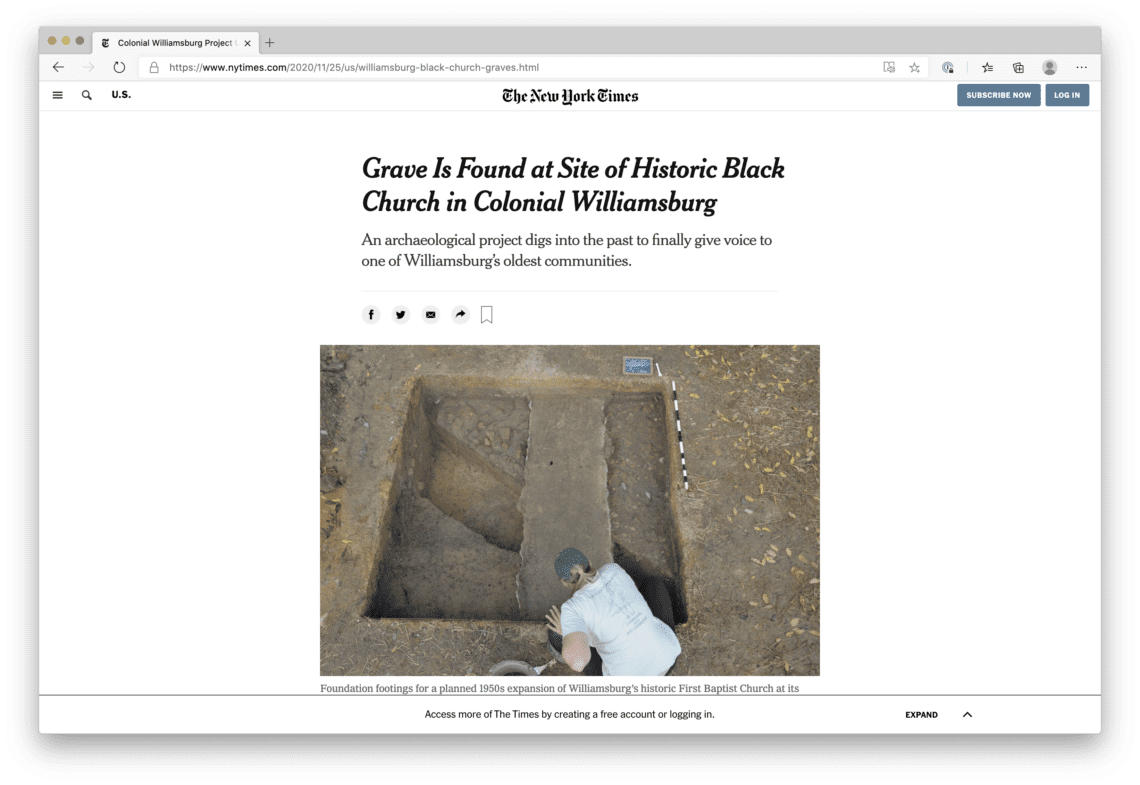 Screenshot of The New York Times with the headline, "Grave is Found at Site of Historic Black Church in Colonial Williamsburg."