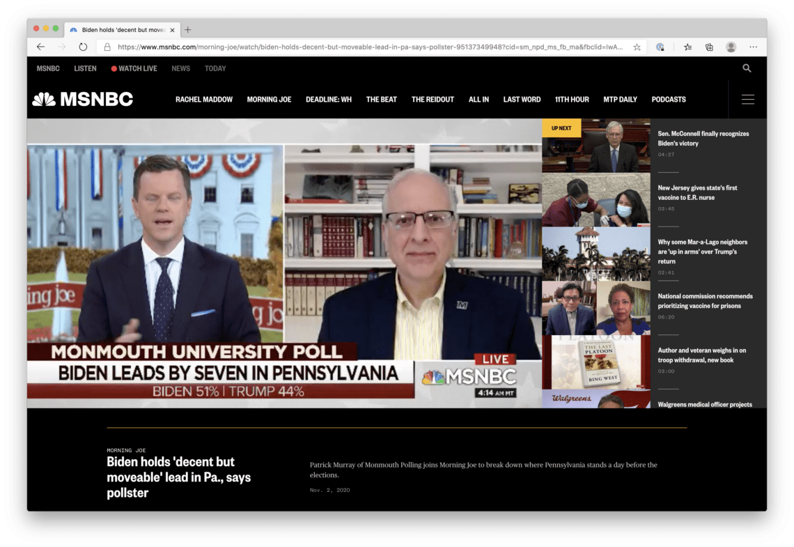 Screenshot of MSNBC interview with Willie Geist and Patrick Murray with the headline, "Biden leads by seven in Pennsylvania."