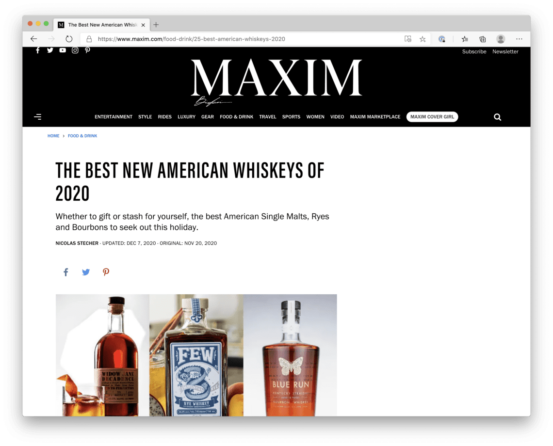 Screenshot of Maxim with the headline, "The Best New American Whiskeys of 2020."