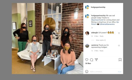 Screengrab of an Instagram post from The Hodges Partnership featuring five woman in masks from an in-person tour of the agency.