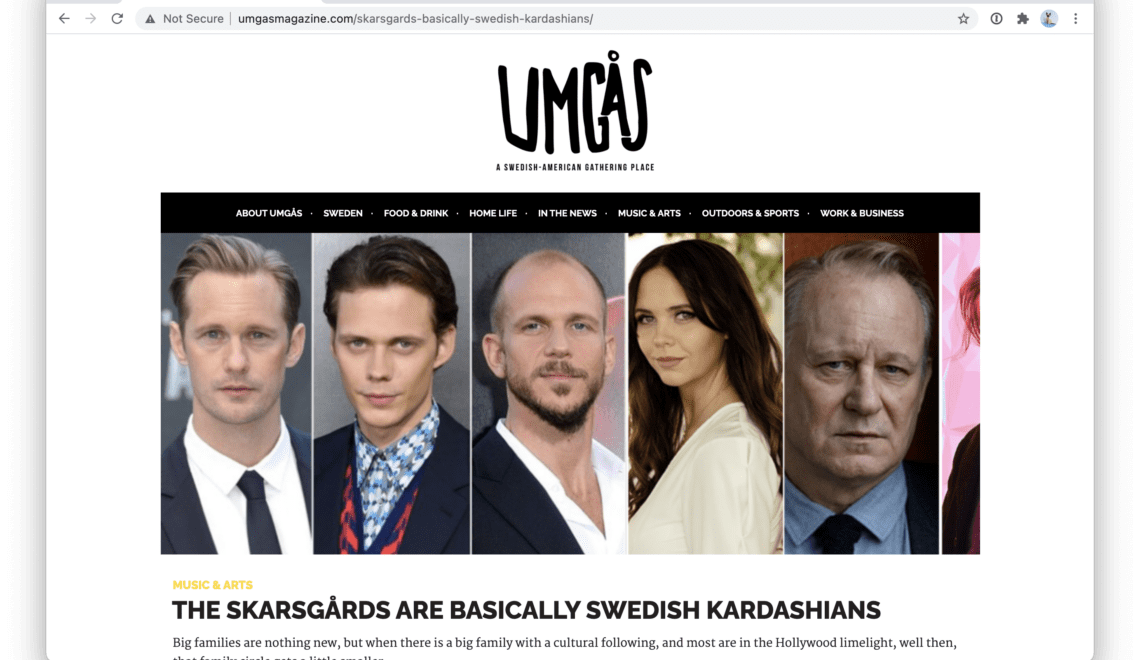 Screen grab of Umgas Article about Skarsgards being Swedish Kardashians