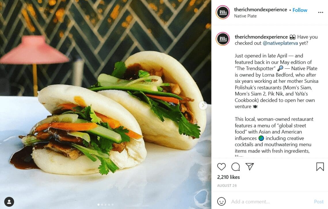 Screenshot of The Richmond Experience's post promoting Native Plate.