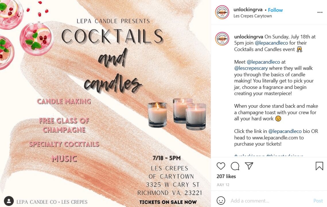 Screenshot of unlockingrva Instagram post promoting Lepa Candle's event at Les Crepes.