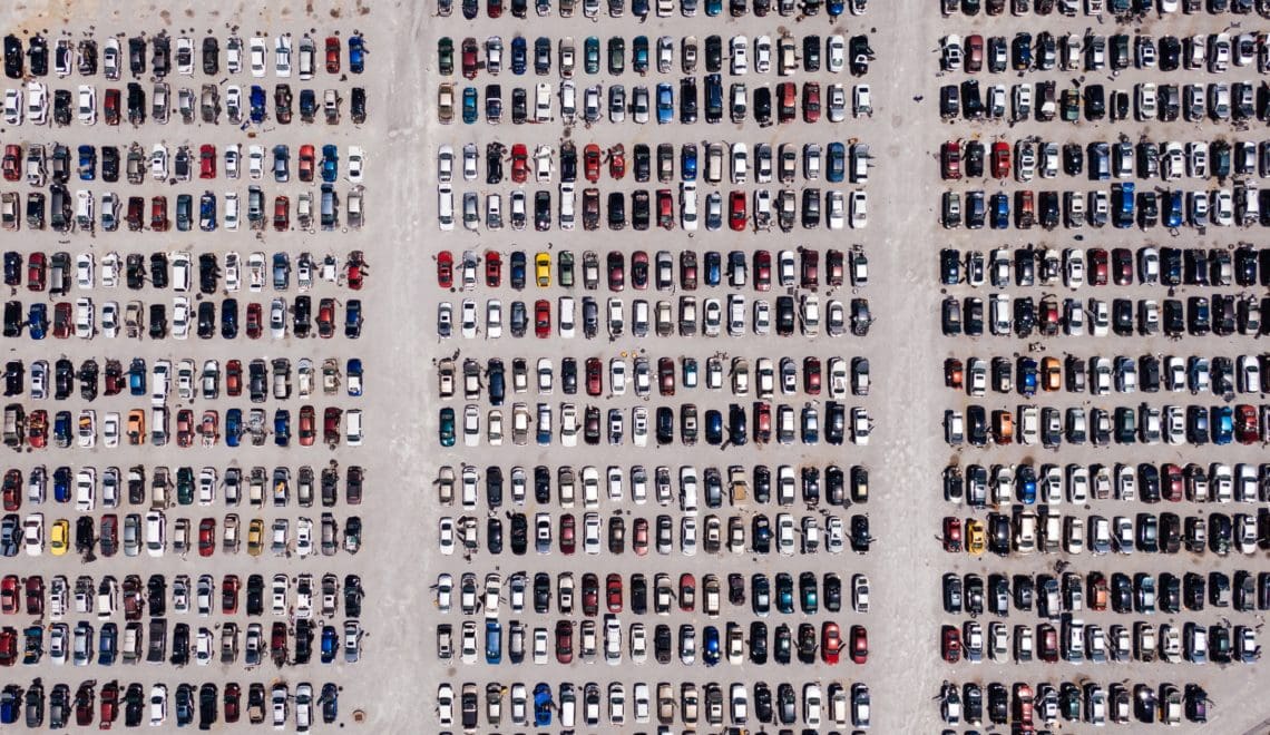 Overhead drone shot of a packed parking lot